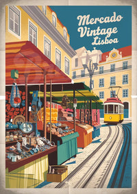 Affiche Mercado Vintage Lisboa et tramway jaune
