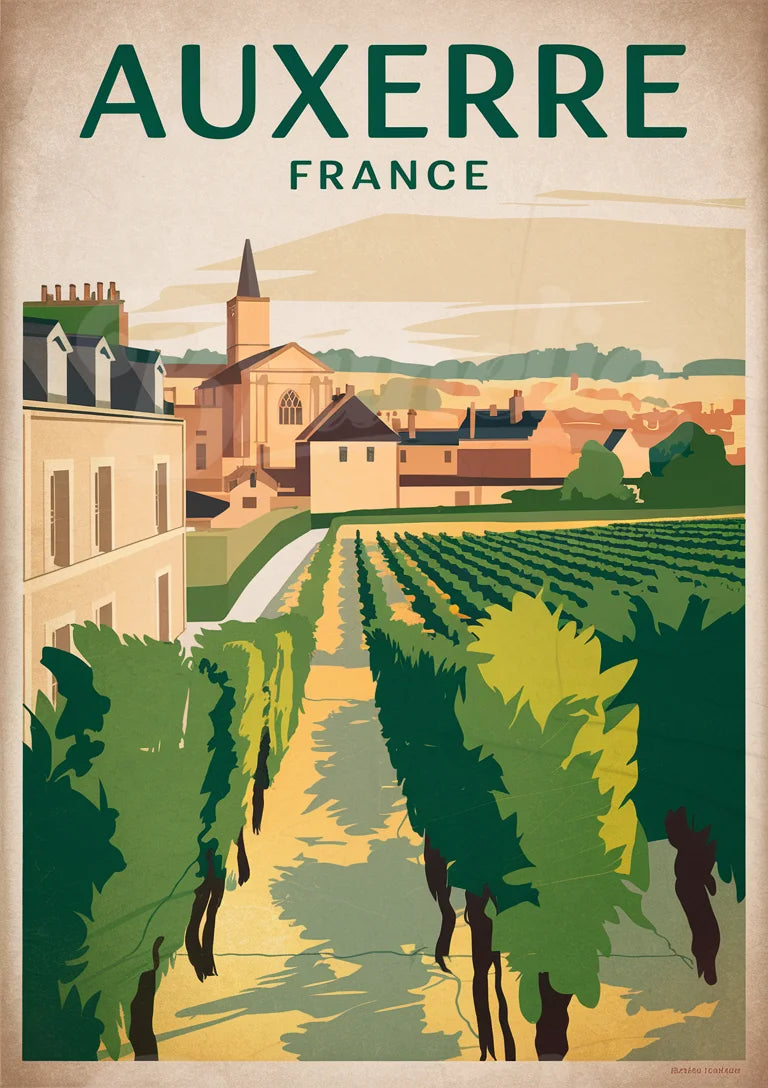 Affiche Auxerre vignobles et patrimoine régional vintage