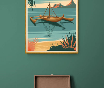Affiche pirogue traditionnelle rétro Tahiti