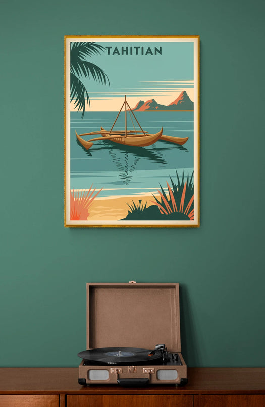Affiche pirogue traditionnelle rétro Tahiti