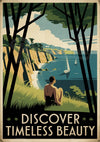 Affiche côtière rétro femme contemplant une baie avec voiliers