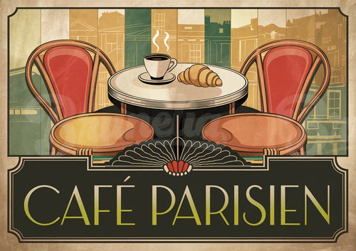 Affiche rétro – Café parisien et chaises bistro élégantes