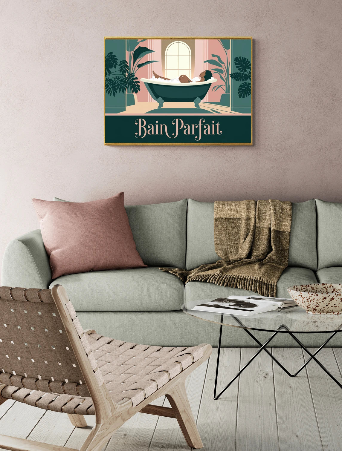 Mise en situation de Affiche Bain Parfait femme baignoire rétro