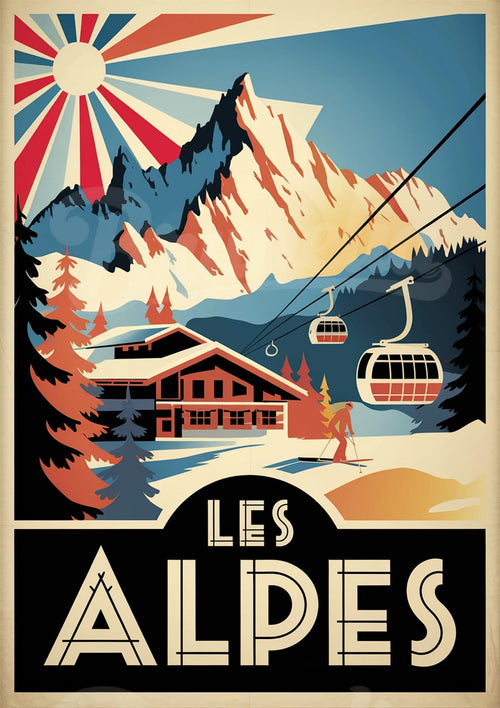 Illustration rétro des Alpes – Station de ski et télécabines