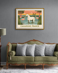 Affiche Cheval blanc Camargue flamants roses