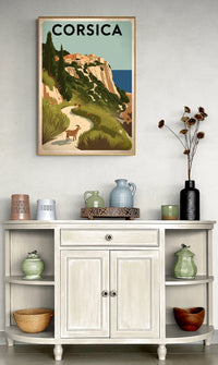 Affiche Corsica village montagne falaise méditerranée