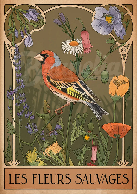 Affiche vintage pinson et fleurs sauvages