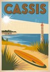 Affiche Cassis planche de surf et phare en bord de mer