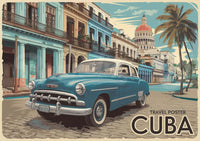 Illustration rétro – Voiture classique bleue à La Havane