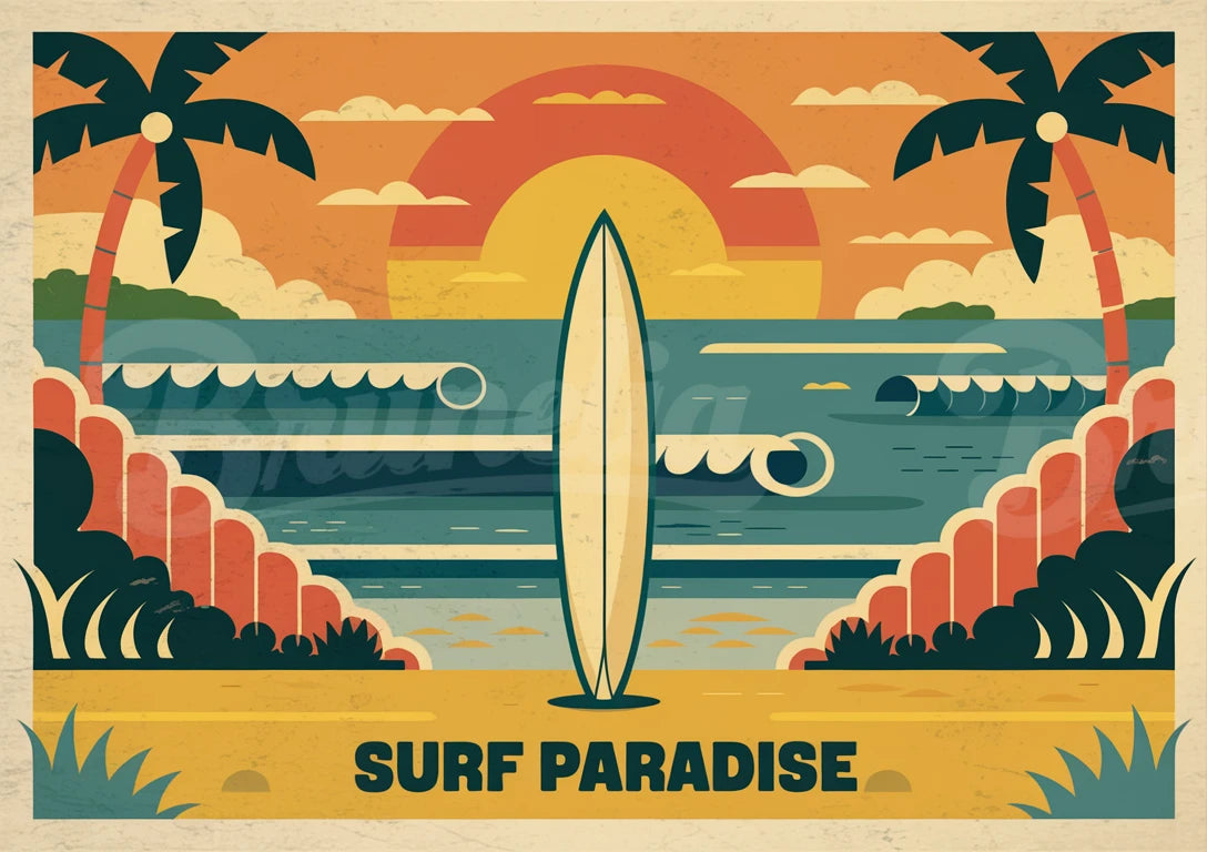 Affiche Paradise Planche de Surf Coucher Soleil