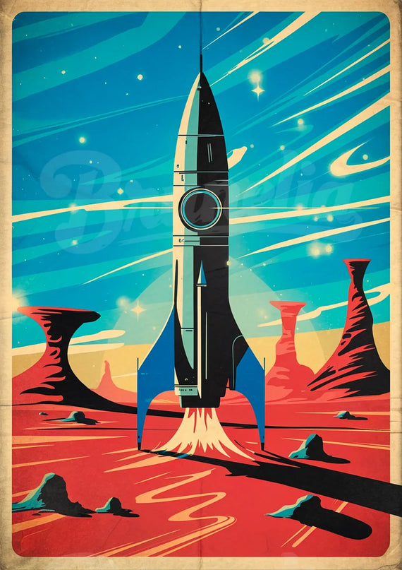 Affiche vintage fusée spatiale imaginaire