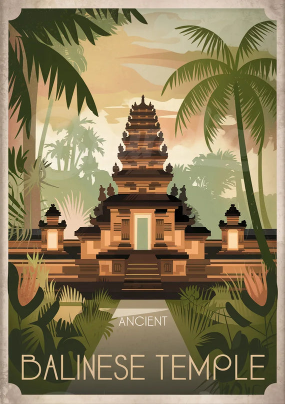Affiche temples anciens rétro Bali