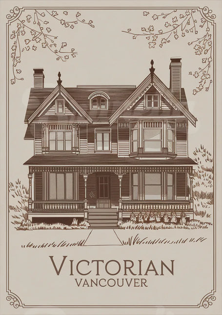 Affiche maisons victoriennes vintage Vancouver