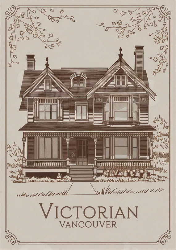 Affiche maisons victoriennes vintage Vancouver