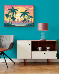 Affiche crépuscule tropical palmiers et skyline