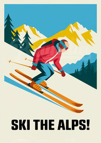 Affiche skieur alpin descente montagne enneigée rétro