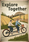 Affiche tandem cycliste route campagne vintage