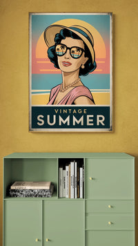 Affiche femme rétro et coucher de soleil années 1950