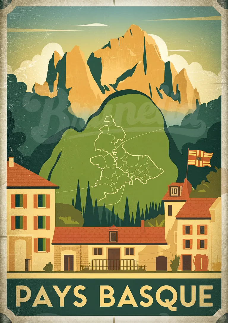 Affiche Maisons ocre montagne dorée Pays basque