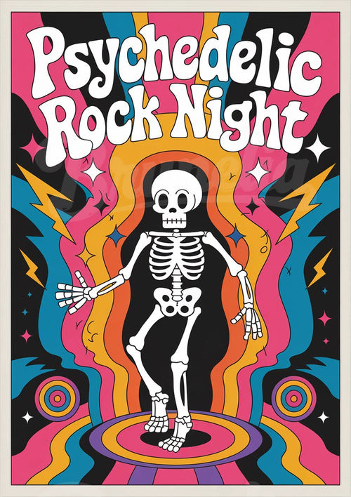 Affiche Psychedelic Rock Night squelette années 70