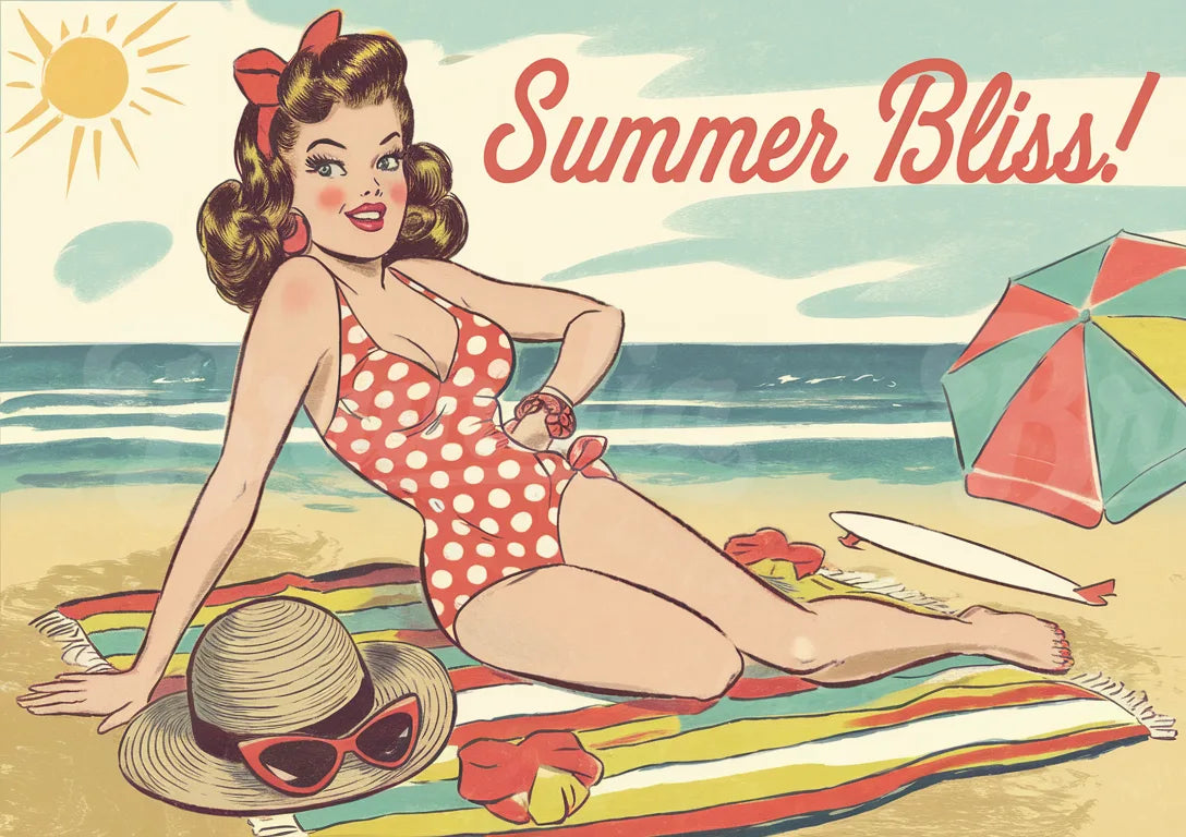 Affiche pin-up et mer vintage
