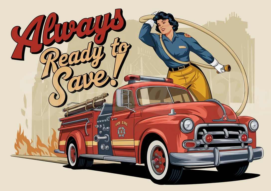 Affiche pompiers rétro camion d'intervention années 50