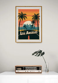 Affiche Los Angeles route palmiers coucher de soleil