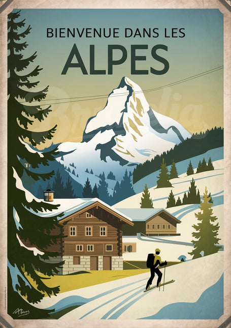 Affiche paysage alpin rétro