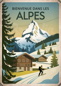 Affiche rétro – Skieur et Chalets face aux Alpes enneigées