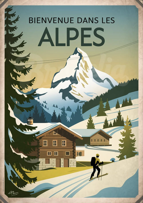 Affiche rétro – Skieur et Chalets face aux Alpes enneigées