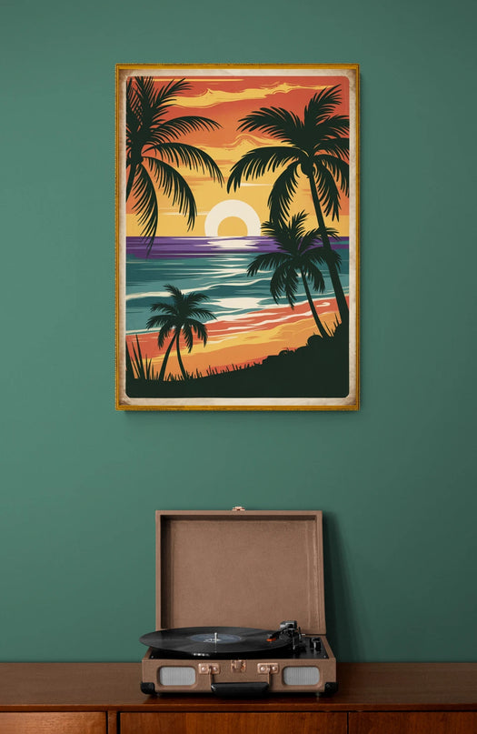 Affiche coucher de soleil plage vintage