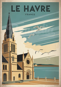 Affiche stylisée d'une église au bord de la mer – Le Havre rétro