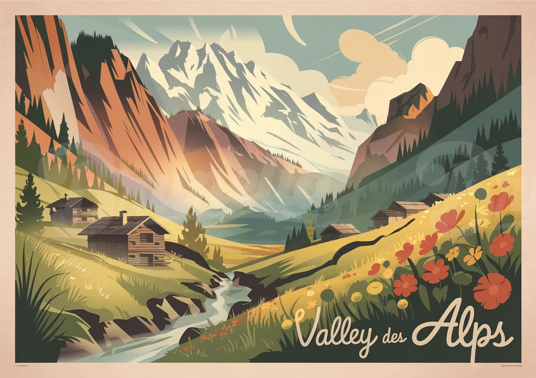 affiche vallée montagneuse rétro
