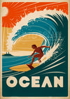 Affiche rétro surfeur vague océan coucher soleil
