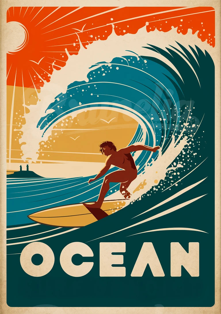 Affiche rétro surfeur vague océan coucher soleil