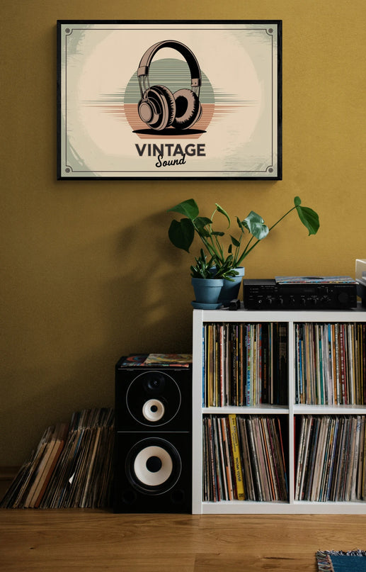 Affiche vintage casque audio rétro