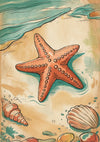 Affiche étoile de mer et coquillages style rétro