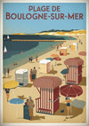 Affiche Boulogne-sur-Mer cabines rayées parasols falaises