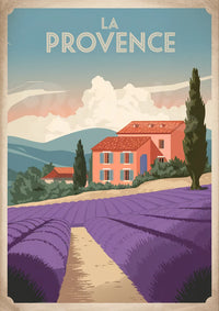 Affiche lavande provençale maison rose vintage