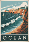 Affiche côte rocheuse et voilier style Art Déco