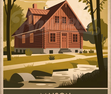 Affiche maisons bois traditionnelles rétro