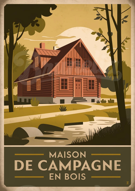 Affiche maisons bois traditionnelles rétro