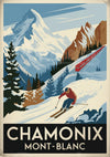 Affiche Chamonix Mont-Blanc skieur et train alpin rétro