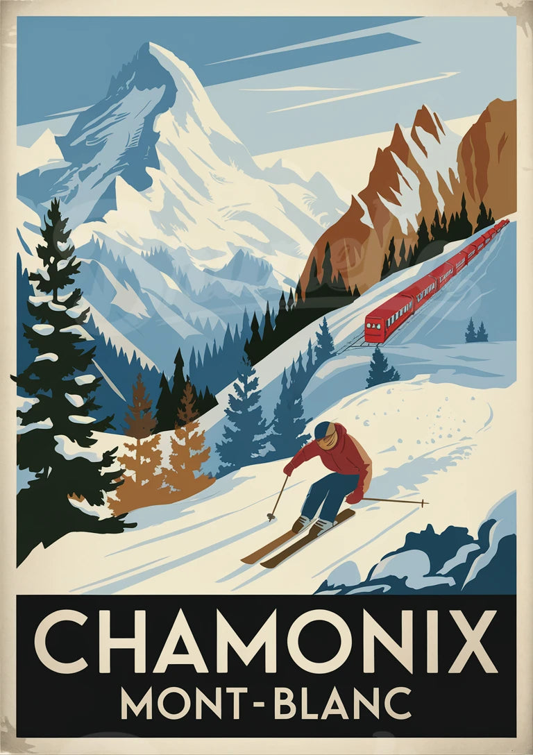 Affiche Chamonix Mont-Blanc skieur et train alpin rétro
