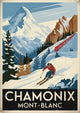 Affiche Chamonix Mont-Blanc skieur et train alpin rétro