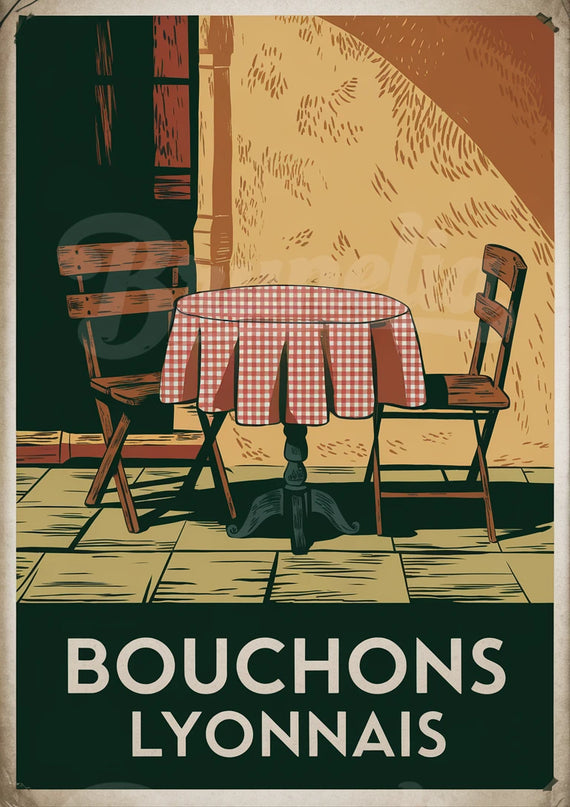 Affiche vintage bouchons traditionnels lyonnais