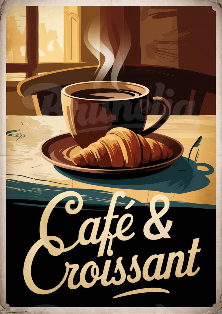 Affiche petit déjeuner croissant et café Art Déco