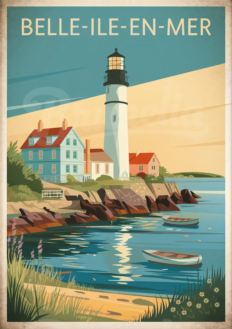 Affiche Belle-Île-en-Mer phare et maisons bretonnes