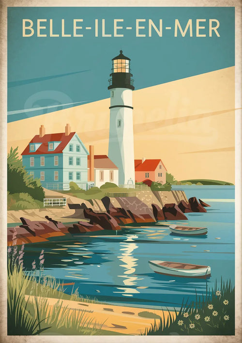 Affiche Belle-Île-en-Mer phare et maisons bretonnes