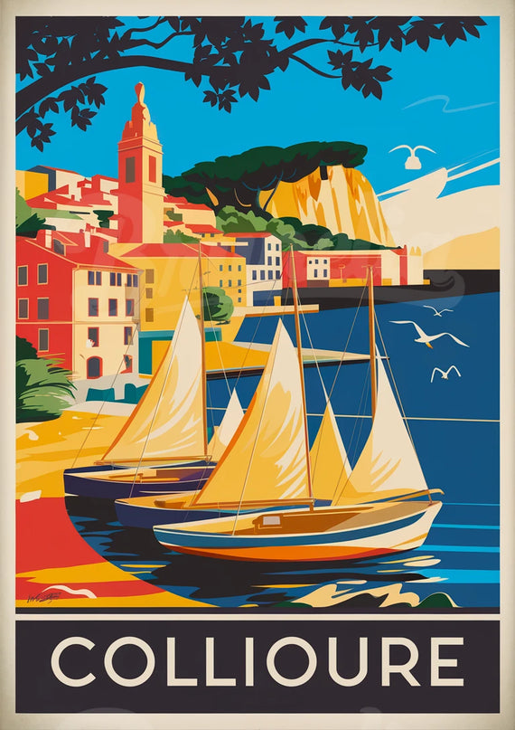 Affiche paysage côtier rétro Collioure
